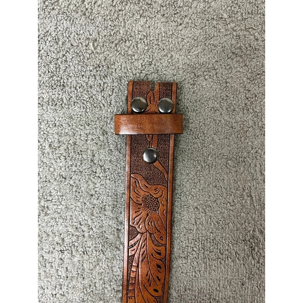 Western Floral Tooled Leather Belt Longhorn Steer Tan Brown Snap On No Buckle